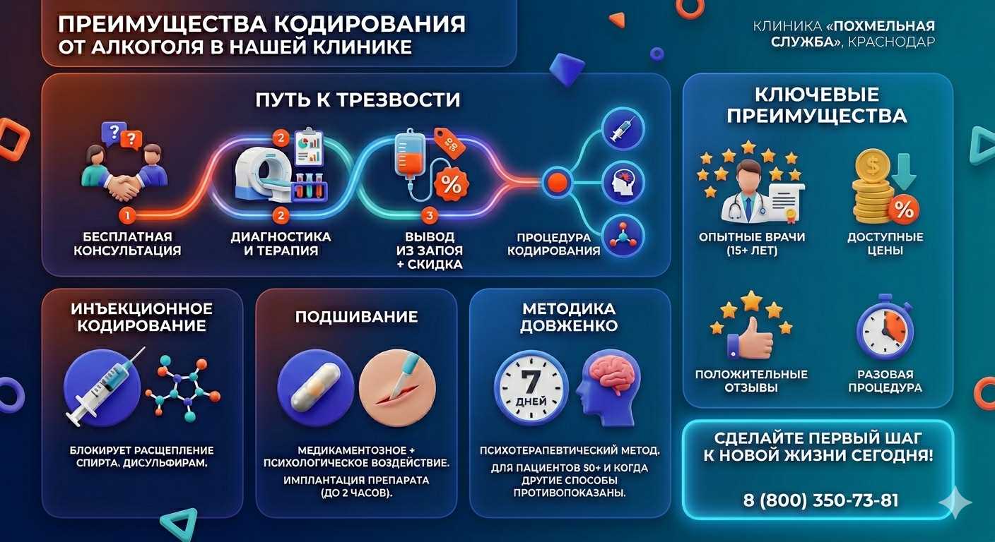 Инфографика о методах кодирования от алкоголя в Ярцево: инъекции, подшивание, метод Довженко. Преимущества клиники и этапы лечения.